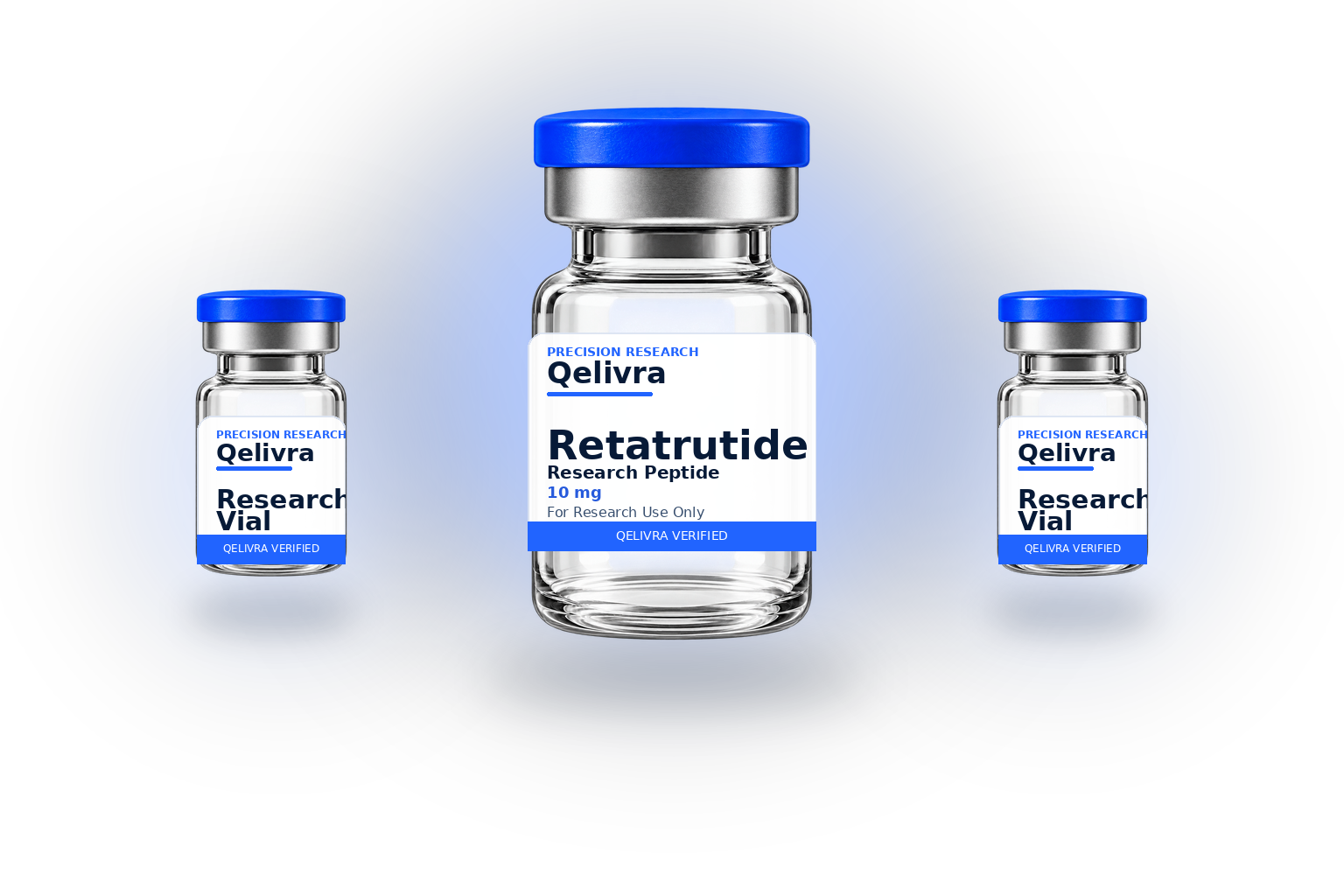 Qelivra Retatrutide research vial with neutral Qelivra research vials