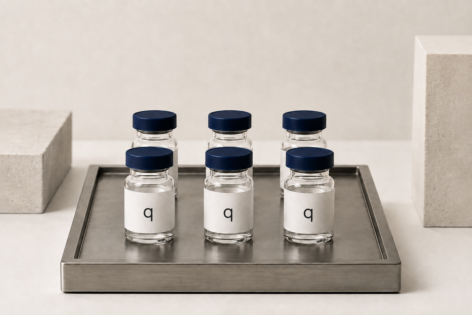 Six identical short qelivra research vials with simple q marks arranged on a stainless steel tray